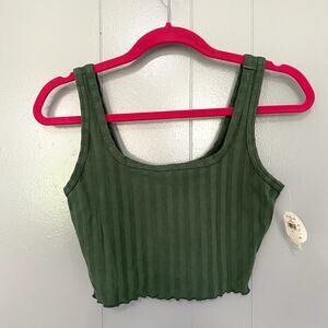 NEW Aerie Offline Olive Green Ribbed OG Groove Lettuce Hem Crop Top S